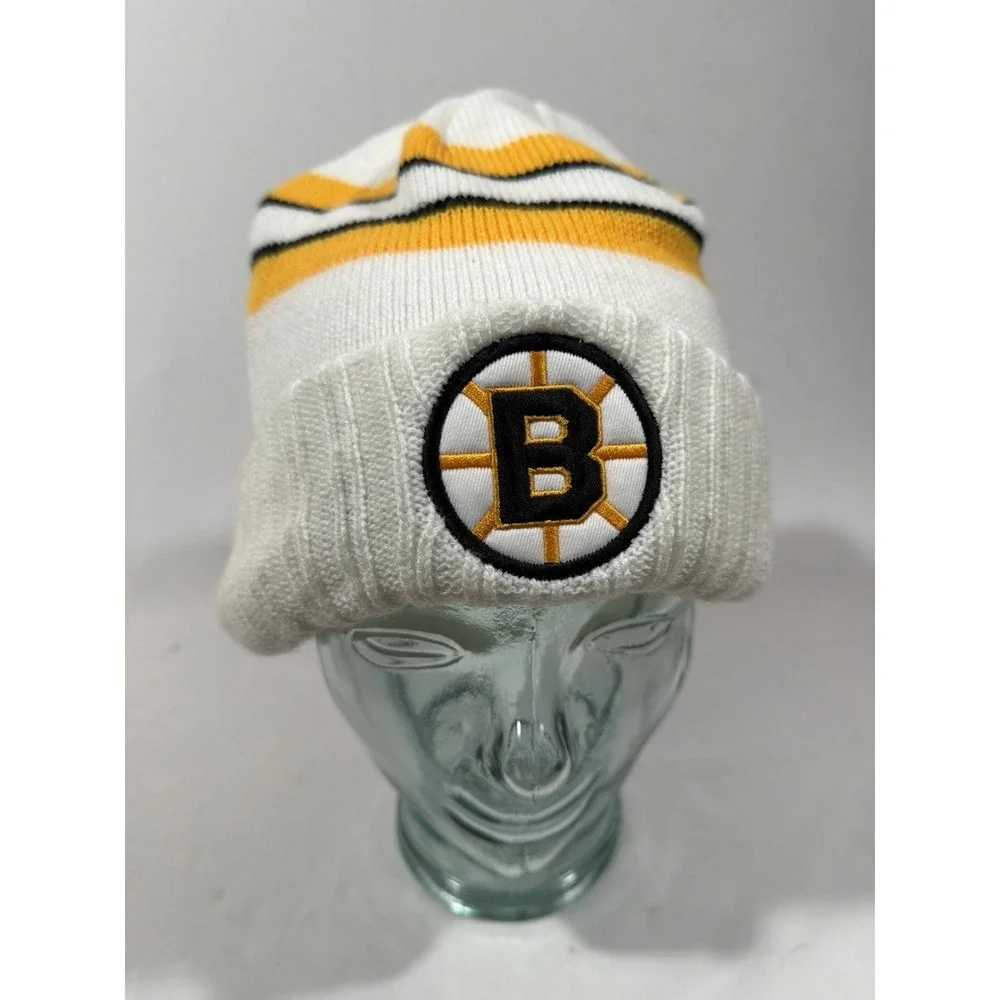 Vintage Boston Bruins Beanie White Stripe‎ NHL Hockey Streetwear Knit Cap